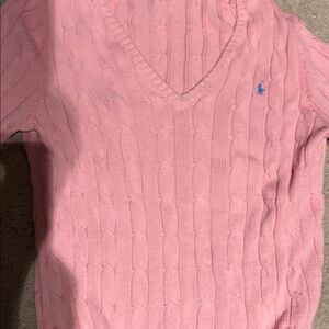 Ralph Lauren Light Pink Cable-Knit V-Neck Sweater with Blue Pony